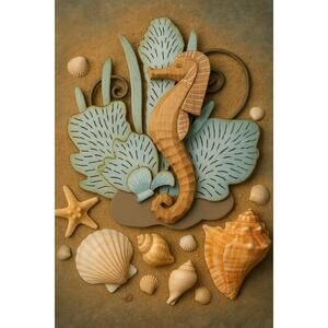 Beachy Keen! 60s Seahorse Wall Whimsy in Teak & Tin MCM VTG Wall Art